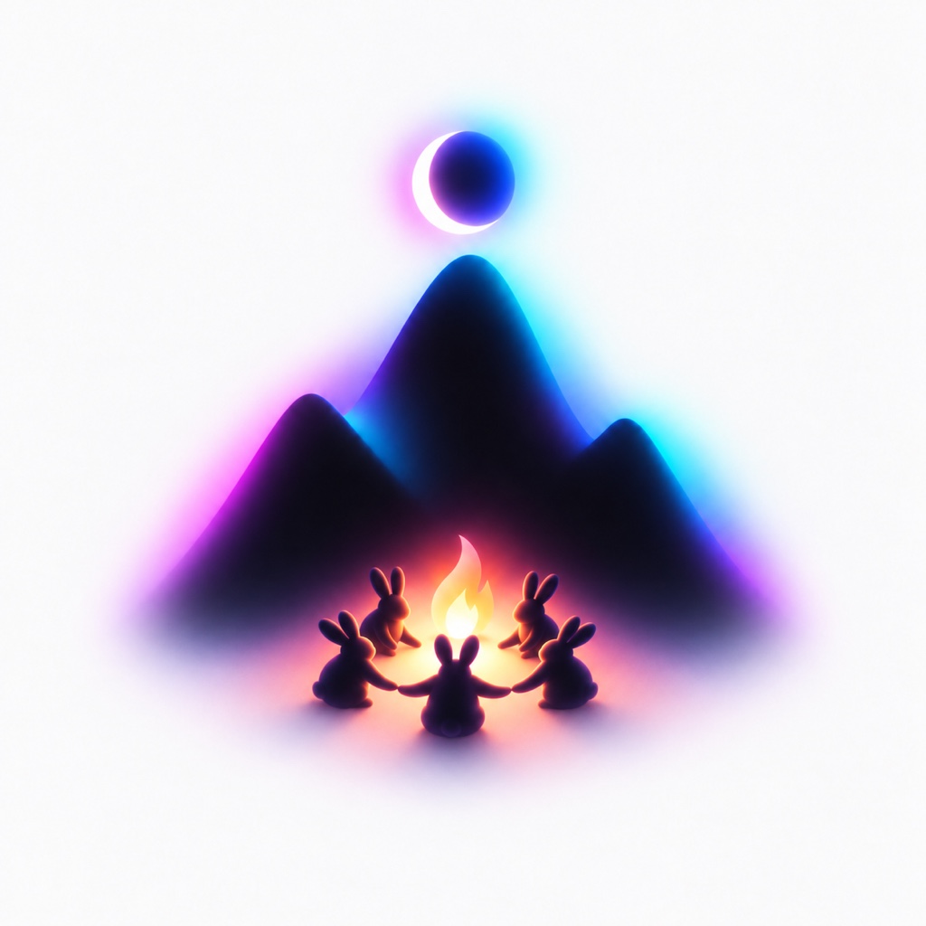 A blue mountain, a crescent moon and five rabbits gathered around a warm fire